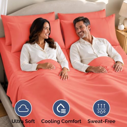 Flex Top Split Head King 4 Piece Sheet Set - Ultra-Soft, Breathable - Coral