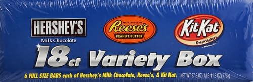 HERSHEY'S, KIT KAT and REESE'S Assorted Milk Chocolate, Full Size Bars Variety Box, 27.3 oz - 18 Count (Pack of 2)