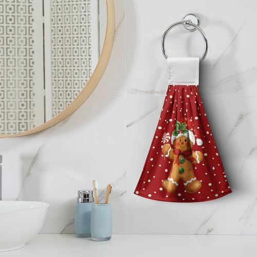 Gingerbread Candy Christmas Red Hanging Kitchen Towels Cute Polka Dots Xmas Hand Towels with Hanging Loop Winter Holiday Dish Towel Soft Absorbent Fingertip Bath Tie Towel Set of 2
