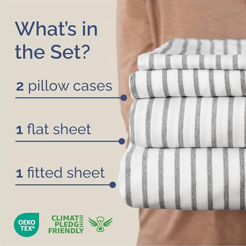 Queen Size 4 Piece Sheet Set - Breathable & Cooling Sheets - Grey Stripes