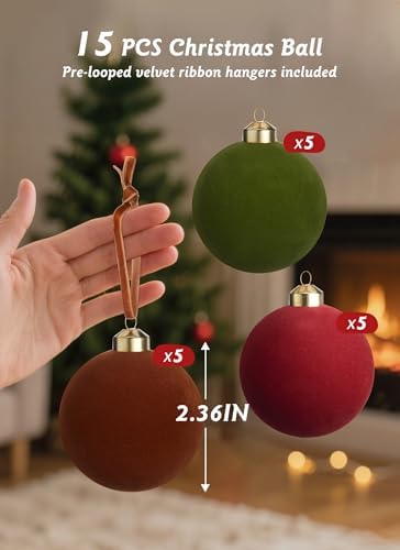Brightown 15 Pcs Velvet Christmas Balls, 2.36 Inch Red Green Brown Velvet Ornaments for Christmas Tree, Christma Tree Flocked Ornaments Balls for Family Holiday Wedding Party Xmas Hanging Decoration