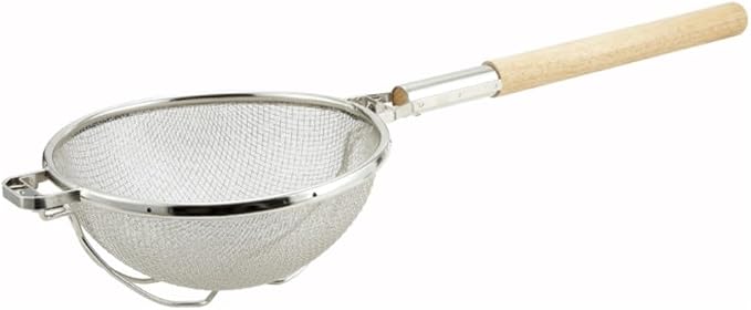Soro Essentials- 12" Double Tinned Coarse Mesh Strainer with Reinforced Bands Pan Hook Wooden Handle- Food Sieve Strainer Kitchen Mesh Strainer Utensil for Cooking Rice Quinoa Pasta Fruits Vegetable