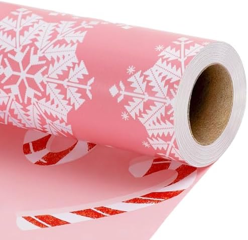 LaRibbons Pink Christmas Wrapping Paper, Reversible Snowflake & Candy Cane