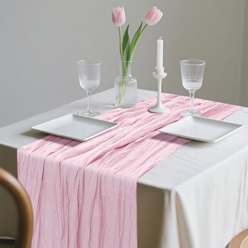 12 Pack Cheesecloth Table Runner 10Ft Christmas Gauze Boho Table Runners for Wedding Decor Bridal Shower Decorations Baby Shower Party(35" x 120")(Blushing Pink)