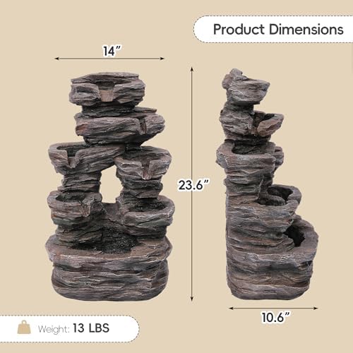 7-Tier Cascading Outdoor Fountain with LED Lights, 23 inch H Fountains and Waterfalls Stone-Look for Garden, Patio, Yard Decor