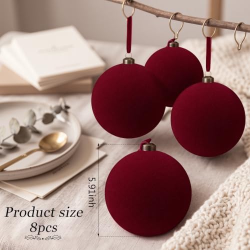 RoundFunny 8 Pcs 6 Inch Velvet Flocked Christmas Ball Ornaments, Burgundy