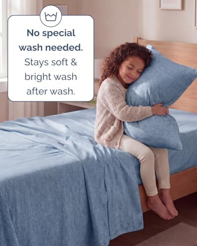 Twin Size 3 Piece Sheet Set - Breathable & Cooling Sheets - Heathered Blue