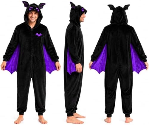 Adult Bat Costume Pajamas Flannel Hooded Onesie with Wings for Halloween