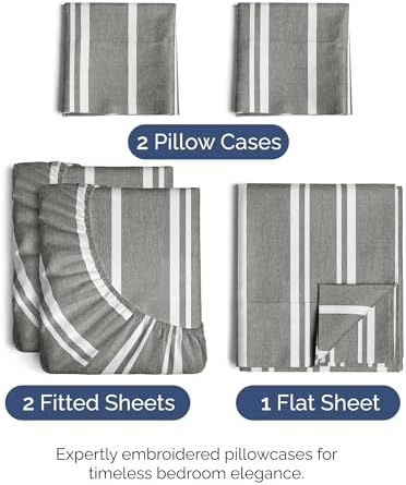 Split King Size 5 Piece Sheet Set - Breathable & Cooling - Grey Stripes