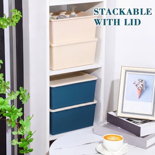 Menkxi 4 Pcs Storage Bins with Lids, Beige, Blue, Small