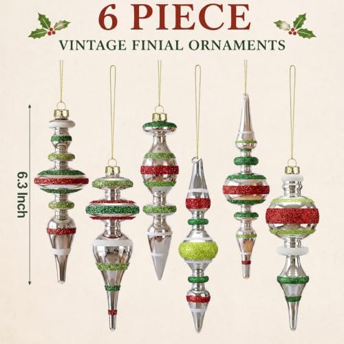 Soulchen 6 Pcs Vintage Glass Finial Christmas Ornaments Boho 6-6.8 Inch