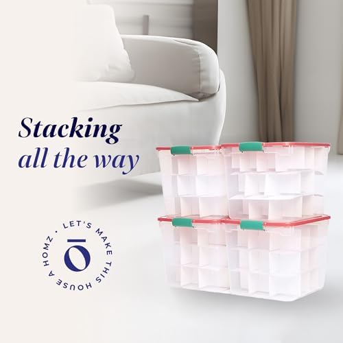 HOMZ Holiday Tote Storage Bin w/Lid & Dividers, 31 Qt, Clear/Red, 4 Pack