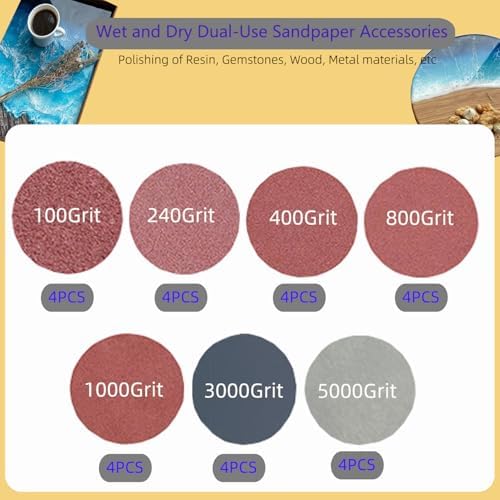 Electric Resin Polishing Machine, Resin Sanding and Polishing Kit, 100W Adjustable Speed&Low Noise with 28 PCS Wet and Dry dual-use Sandpaper for Wood, Jewel, and Metal Polishing,DIY Crafts
