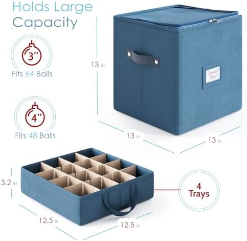 Hearth & Harbor Christmas Ornament Storage Box With 4 Inner Tray Dividers - Non-Woven Ornament Storage Container For 64 Holiday Ornaments or Decorations