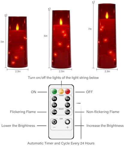 kakoya Flameless LED Candles with Timer 9 Pc Flickering Flameless Candles for Romantic Ambiance and Home Decoration Stable Acrylic Shell,with Embedded Star String，Battery Operated Candles（Red）