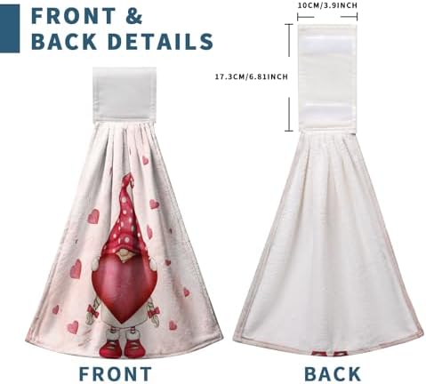 Valentine's Day Heart Hanging Kitchen Towels Romantic Gnome Bouquet Hand Towel with Hanging Loop Red Pink Love Dish Towel Soft Absorbent Fingertip Bath Towels for Bathroom Decor Set of 2