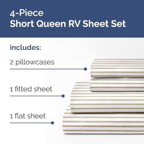 Short Queen Size 4 Piece Bed Sheet Set - RV Short Queen - Beige Stripes