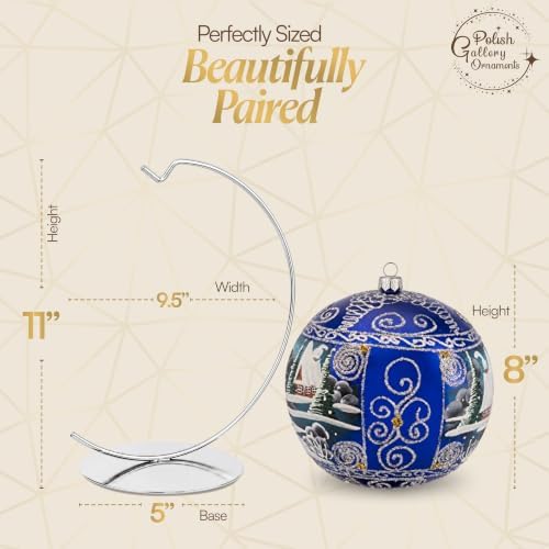 Hand Blown Glass Christmas Ornaments Ball, Countryside Sapphire 8in + Stand