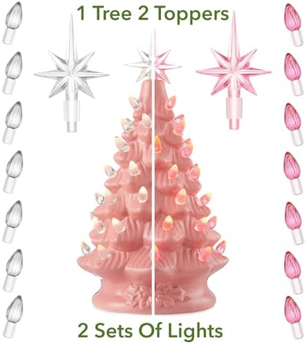 Casafield Hand Painted Ceramic Christmas Tree, Pink 12-Inch Pre-Lit Tree with 100 Multi Color Lights and 2 Star Toppers