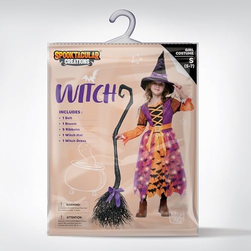 Spooktacular Creations Light Up Polka Dots Witch Tutu Costume for Girls Toddlers Starry Witch Dress with Magic Hat and Broom