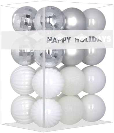 White & Silver 1.6" Small Christmas Balls Christmas Tree Decoration Ornaments Shatterproof Hanging Balls for Birthday Halloween Holiday Wedding Decorations Set of 24pcs