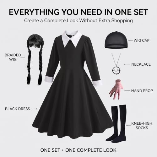 Girls Halloween Black Dress with Wig Necklace Cosplay Costume Set