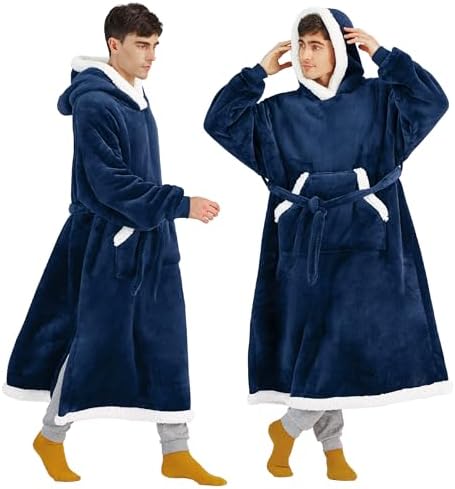 Bedsure Wearable Blanket Hoodie, Long Hooded Blanket Sweatshirt as Christmas Birthday Gifts for Men, Cozy Sherpa Hoodie for Adult, Oversize, Navy
