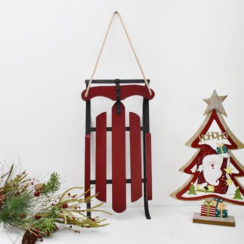 Christmas Wooden Sled Decoration Red Vintage Wood Decorative Wall Hanging Sled Christmas Holiday Decor Wooden Decorative Old Fashioned Sled Metal Sled with Natural Jute Rope Accent Burgundy