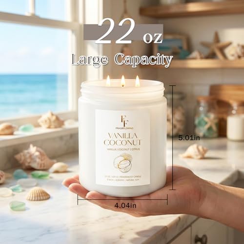 Vanilla Coconut Large Scented Candle, 3-Wick 22oz Long Lasting Scented Candle, Natural Soy Wax Aromatherapy Candle for Home, Candle Gifts for Women Men