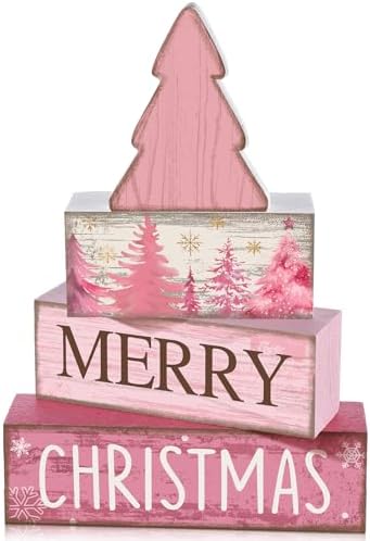 Lineshading 4 Pcs Wooden Merry Christmas Block Signs Pink Farmhouse Decor
