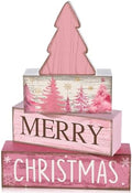 Lineshading 4 Pcs Wooden Merry Christmas Block Signs Pink Farmhouse Decor