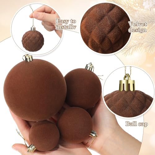 Hollowfly 95 PCS Velvet Christmas Tree Decor Set, Coffee, Brown, Beige