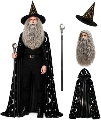 Wizard Costume Men with Wig Wizard Outfit Adult Warlock Robe