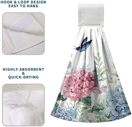 Blue Hydrangea Hanging Hand Towels Set of 2 Watercolor Summer Pink Flower Butterfly Kitchen Towels with Hanging Loop Green Leaf Dish Cloth Towels Soft Absorbent Fingertip Bath Tie Towels for Bathroom