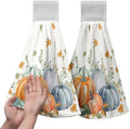 Fall Orange Blue Pumpkin Kitchen Hanging Towels Set of 2 Autumn Eucalyptus Maple Leaves Hand Towels with Hanging Loop Thanksgiving Dish Washcloth Soft Absorbent Bath Tie Towel