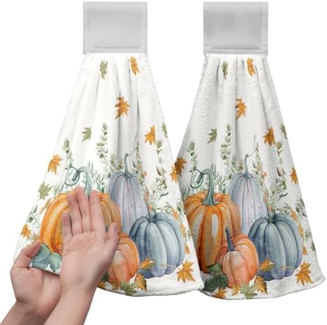 Fall Orange Blue Pumpkin Kitchen Hanging Towels Set of 2 Autumn Eucalyptus Maple Leaves Hand Towels with Hanging Loop Thanksgiving Dish Washcloth Soft Absorbent Bath Tie Towel