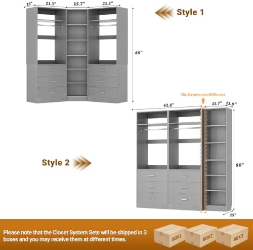 Besiost Closet System with 6 Drawers & 10 Shelves, Corner Closet Organizer