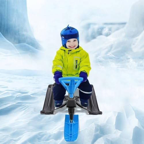 Snow Racer Sled, Snow Sledge, Downhill Steerable Sled, Winter Sport Ski Sled Slider Board with Steering Wheel, Anti-Slip Seat, Twin Brakes, Capacity of 220 LBS, for Skiing, Ice/Sand Skating (Blue)