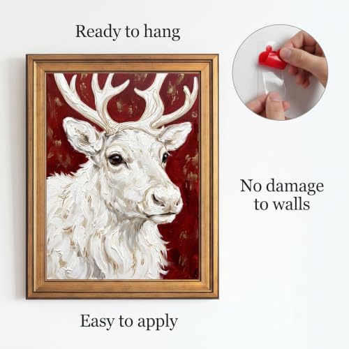 Framed Canvas Wall Art Painterly Reindeer Portrait Red and White with Gold Highlights Canvas Print Poster Gold Frame Wall Decor for Living Room Bedroom Holiday Decor, Winter Art - Inch 16x20
