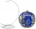 Hand Blown Glass Christmas Ornaments Ball, Countryside Sapphire 8in + Stand
