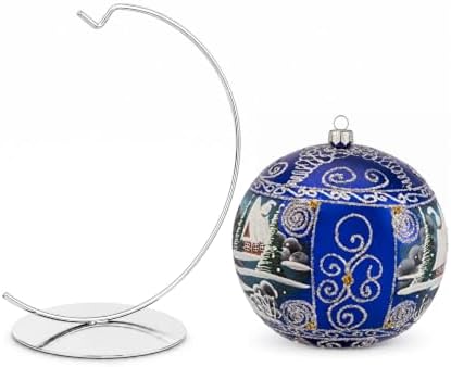 Hand Blown Glass Christmas Ornaments Ball, Countryside Sapphire 8in + Stand