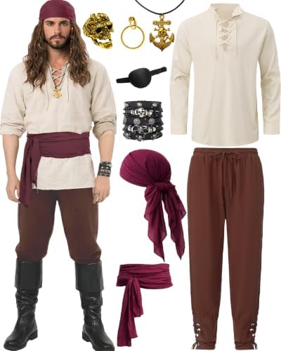 9PCS Men's Pirate Costume Set,Renaissance Medieval Outfit for Halloween Pirate Party with Viking Pants Shirts Accessories