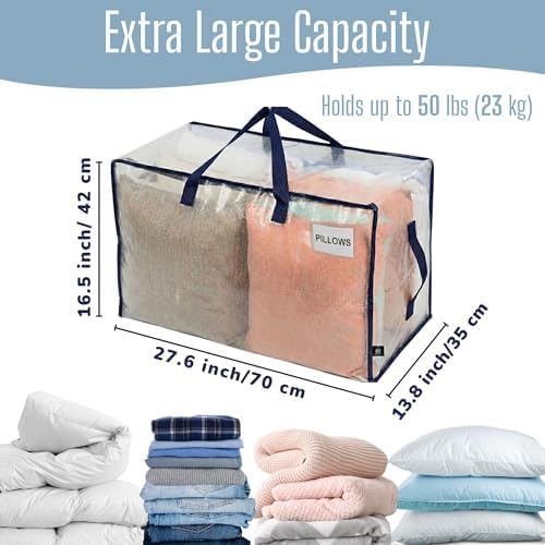 VENO 8 Pack Clear Extra Large Moving Bags & Storage Totes, Heavy Duty Organizer with Reinforced Handles & Strong Zippers for Clothes, College Dorm Essentials, Moving Supplies