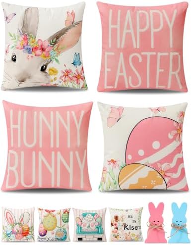 multiwins 8-Sided Easter Pillow Covers Set of 4 with 2 Wooden Bunny Decorations, 20 x 20 Inch Reversible Decor with Bunny, Floral Eggs & “He is Risen” Prints for Indoor/Outdoor, Spring Holiday Decor