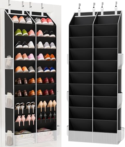 Criusia Over the Door Shoe Organizer, 20-30 Pairs Heavy-Duty Hanging Shoe Storage with Large Pockets, 10-Tier Door Shoe Rack with 4 Hooks for Sneakers Sandals Heels Boots (Black)