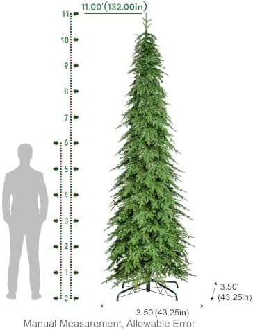 Glitzhome Prelit Pencil Artificial Christmas Tree, 11ft Slim Christmas Tree with 800 Warm White & Multi-Color LED Lights, Chicago Evergreen Spruce with 3,637 PE&PVC Tips, Easy Setup,Sturdy Metal Stand