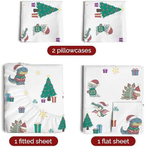Christmas Sheet Set, Christmas Dinos, Holiday Xmas Bedding Set - Queen Size