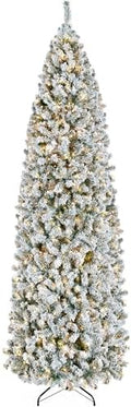 Yaheetech 9ft Pre-lit Snow Flocked Pencil Christmas Tree, Green & White