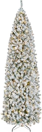 Yaheetech 9ft Pre-lit Snow Flocked Pencil Christmas Tree, Green & White