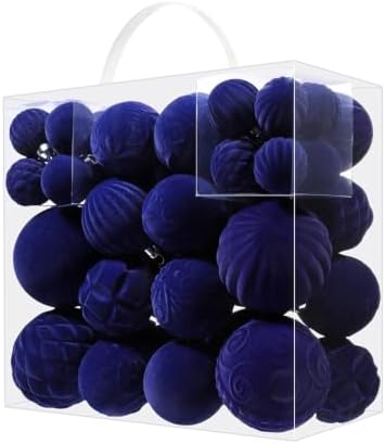 52pcs Velvet Christmas Ball Ornaments, Flocked Shatterproof Christmas Tree Decorations Hanging Xmas Decorative Ornaments Set for Home Party Holiday Decor(Navy Blue)
